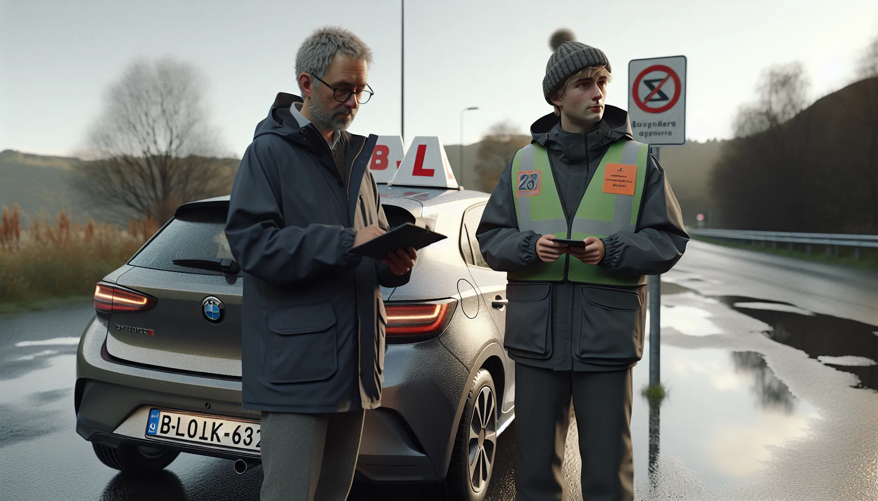 Examiner gives feedback to failed driving test candidate beside learner car.