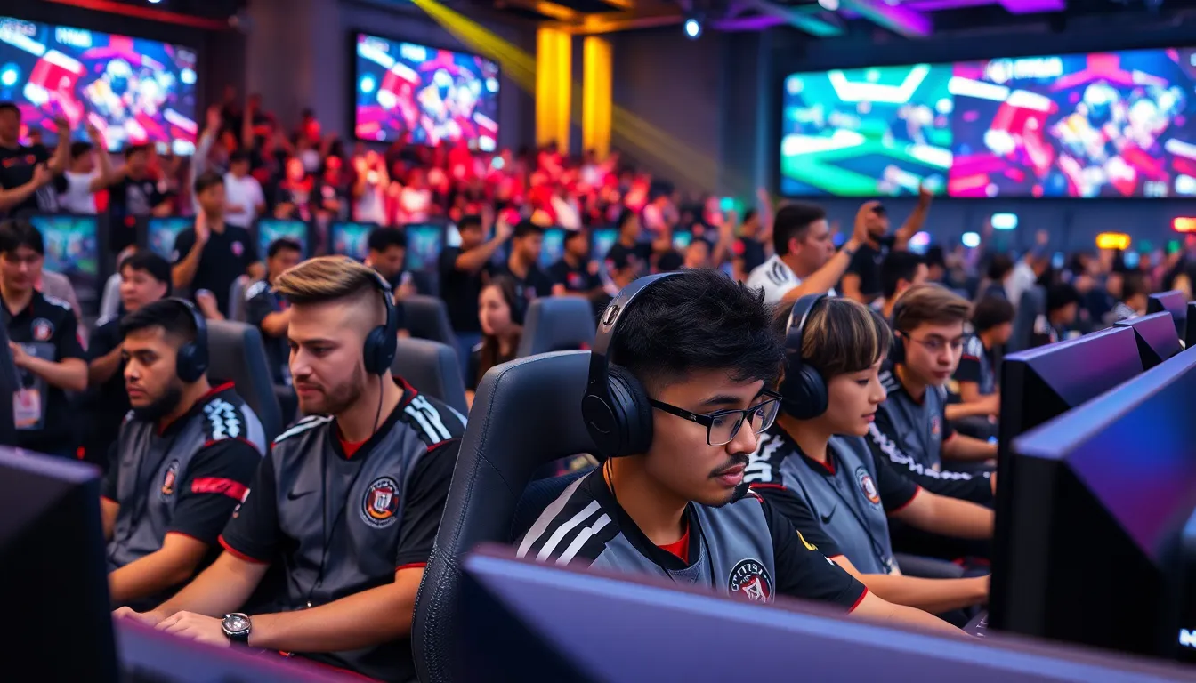 diverse esports players competing in a lively gaming arena.