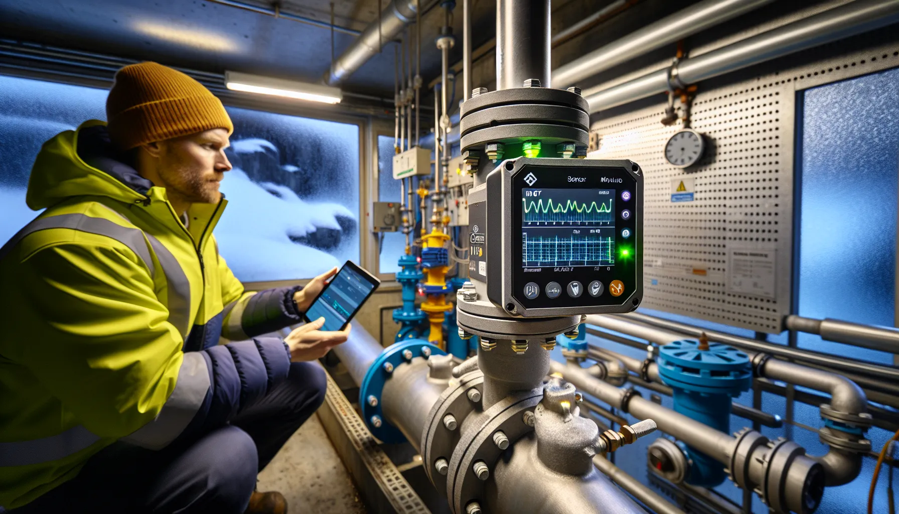 Hvordan bruke iot for å overvåke rørsystemer i sanntid en side dedikert til rør, rørsystemer og rørteknologi 3 Iot sensor on norwegian water pipe, technician checks live leak alerts.