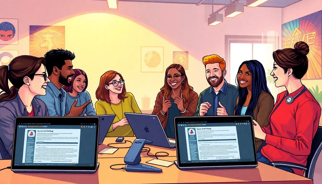 diverse gamers discussing Eve Online in a modern workspace.