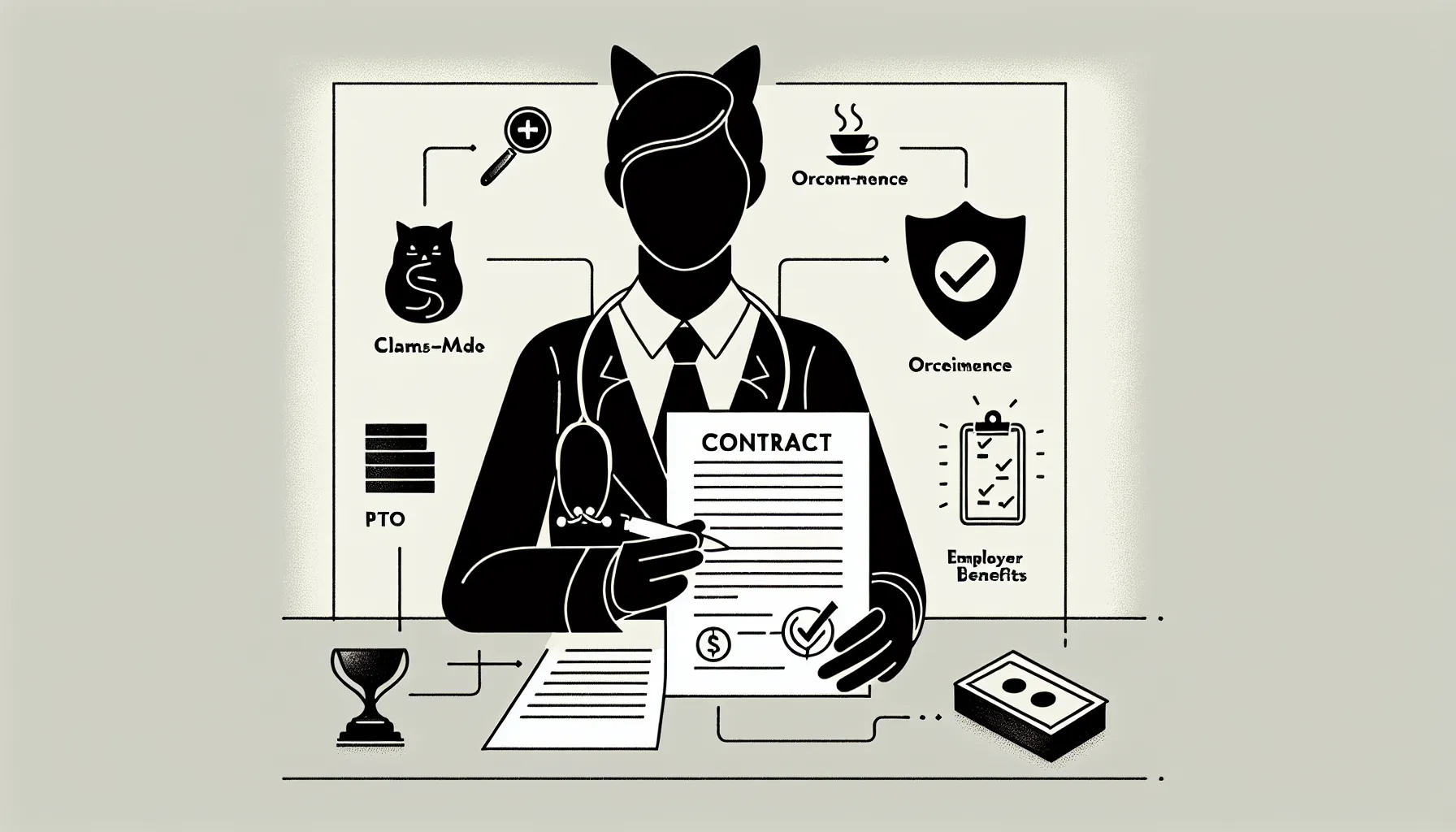 Veterinarian reviewing a contract with policy icons and Rhode Island outline.