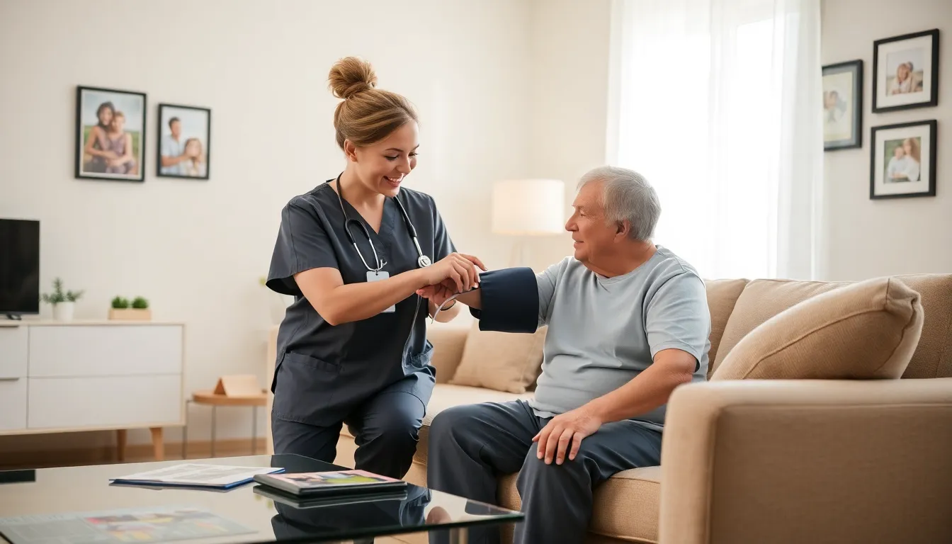 caregiver providing support to an elderly patient at home.