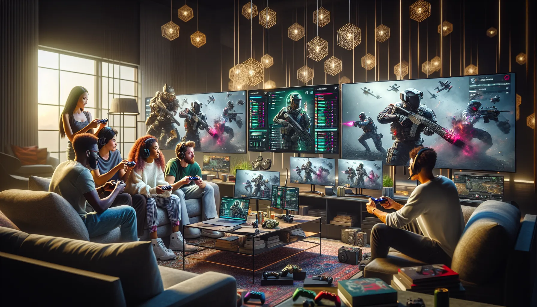 diverse group of gamers engaged in a lively gaming session.