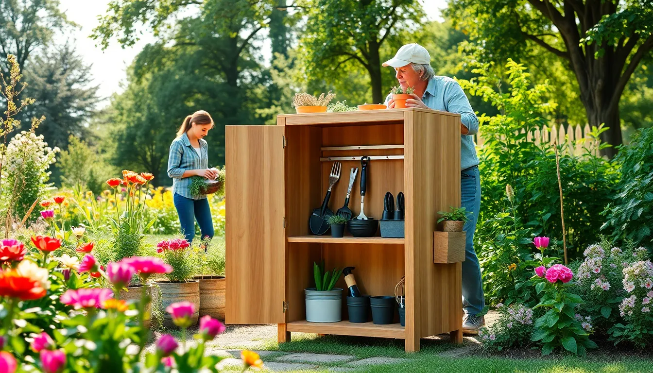 modern outdoor gardening cabinet in a sunny garden setting with gardeners.