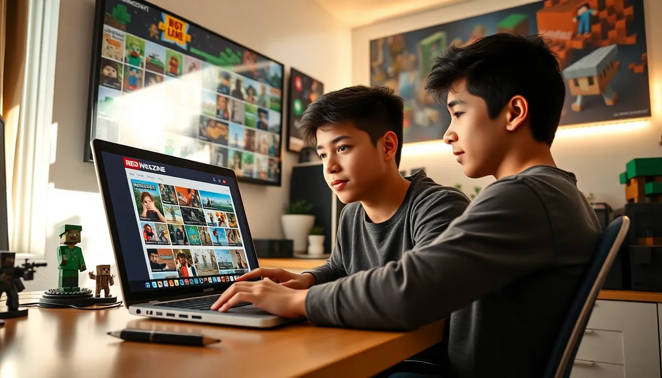 A Minecraft player engaging with RedWebzine on a laptop.