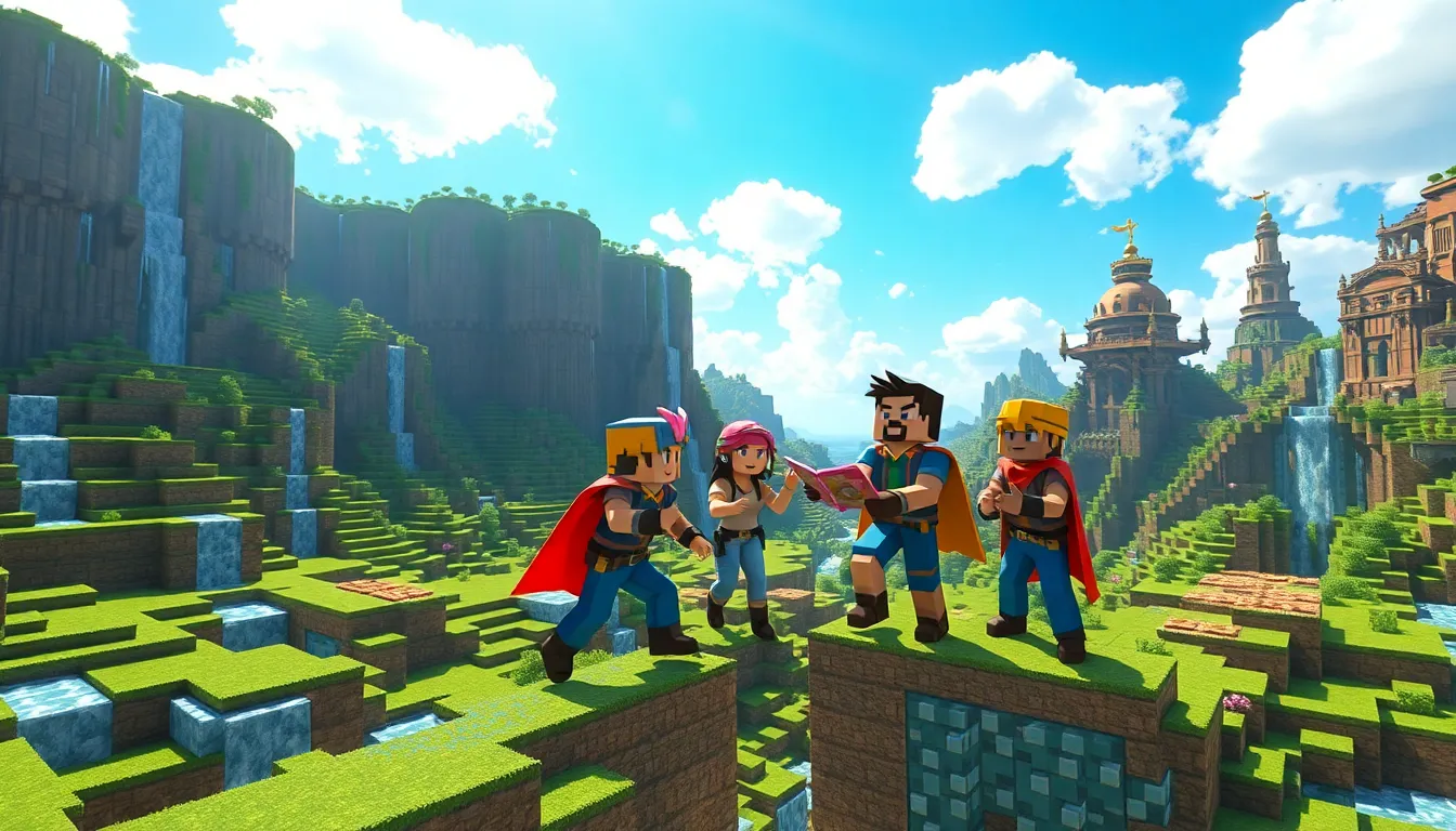 four players engaging in a Minecraft obstacle course game.