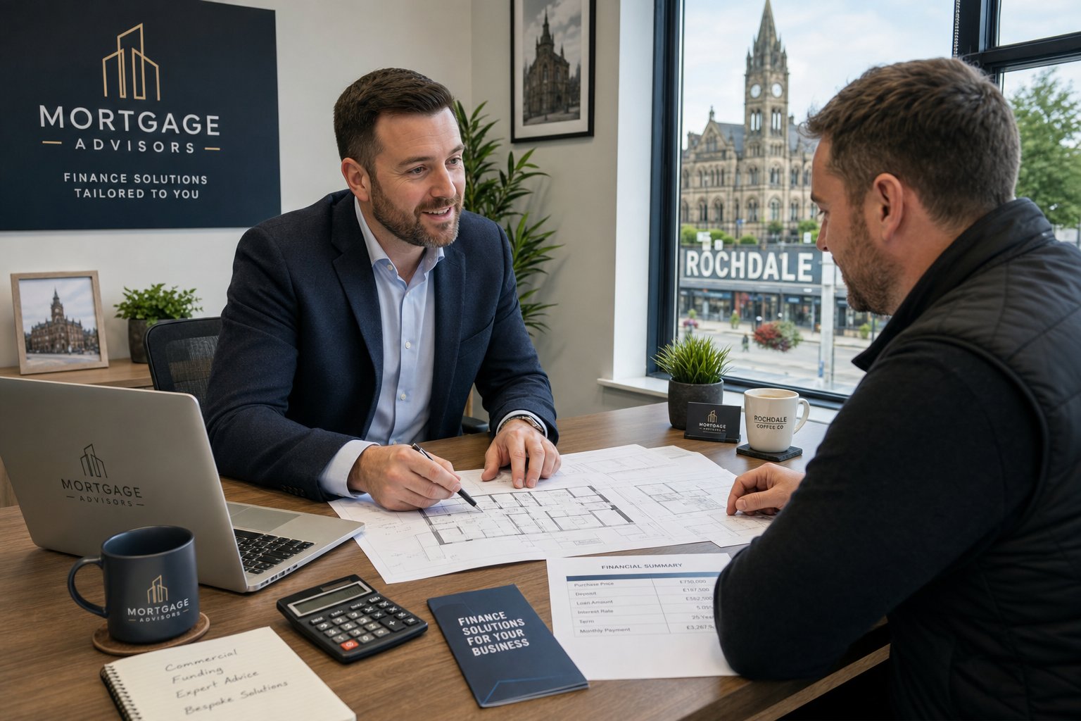 Commercial mortgage advisor meeting a business owner in a bright office with property plans and financial paperwork.