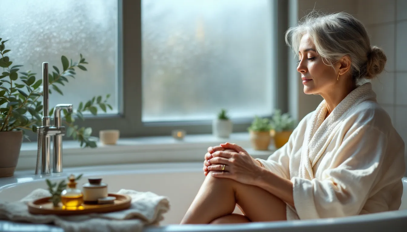 Woman massaging warm sesame oil onto her knee in a cozy bathroom.