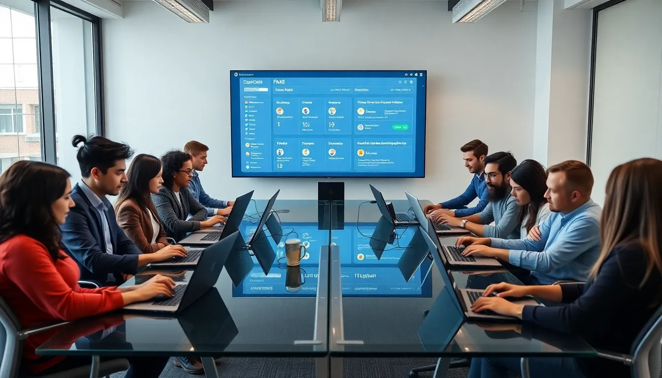 diverse team collaborating on software development in a modern office.