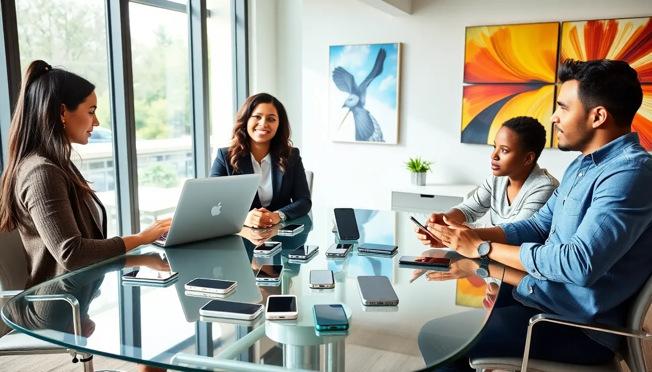 diverse team discussing mobile offers with smartphones on the table.