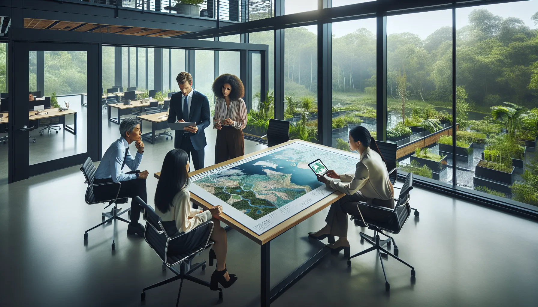 diverse conservation biologists collaborating in a modern office.