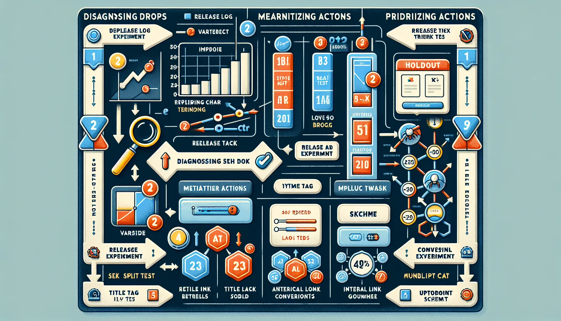 Process infographic for UK SEO tracking: diagnose, test, prioritize, communicate, avoid pitfalls.