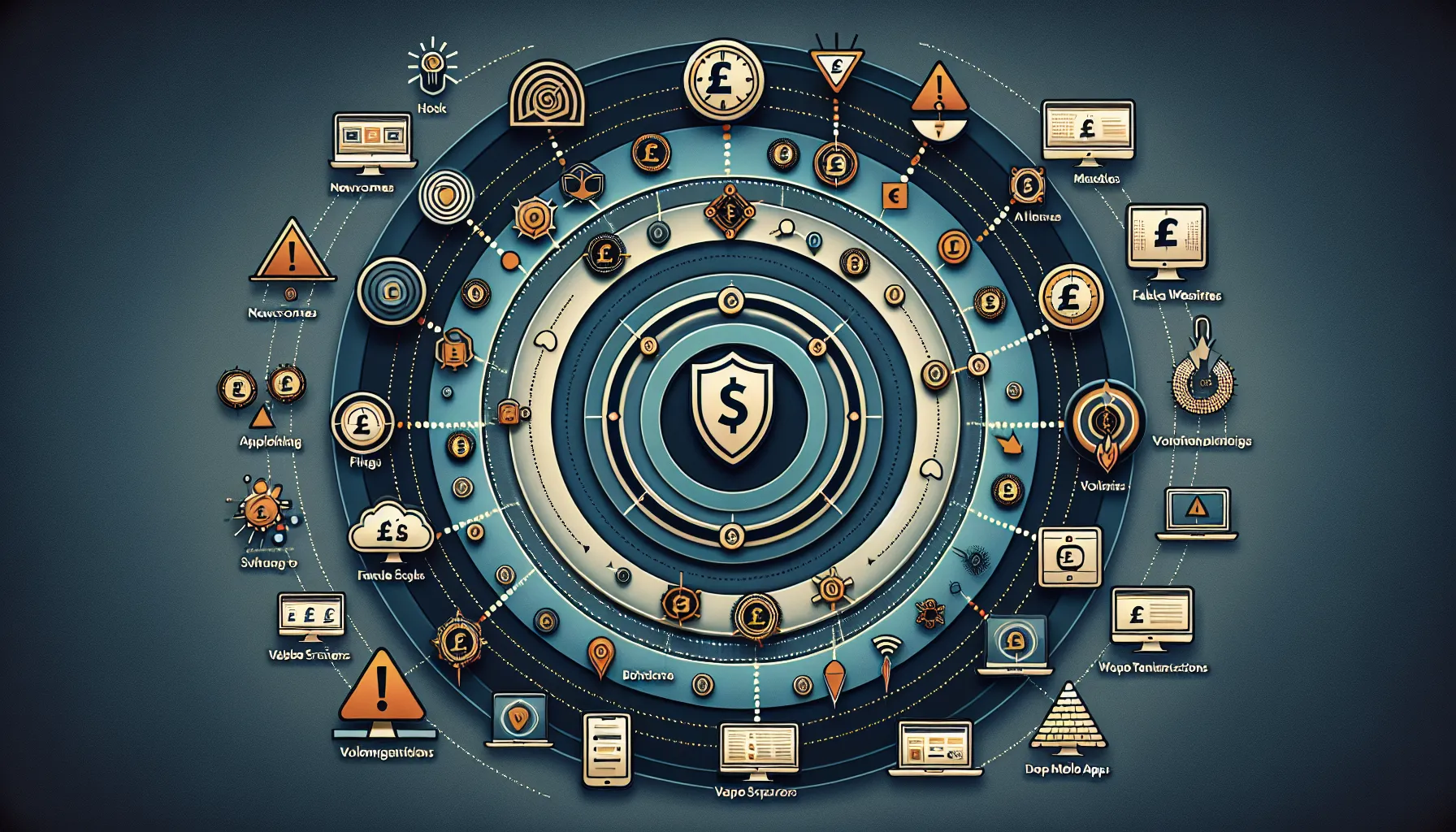 Layered infographic showing cryptocurrency fraud ecosystem with shield, scam types, and vulnerability zones.