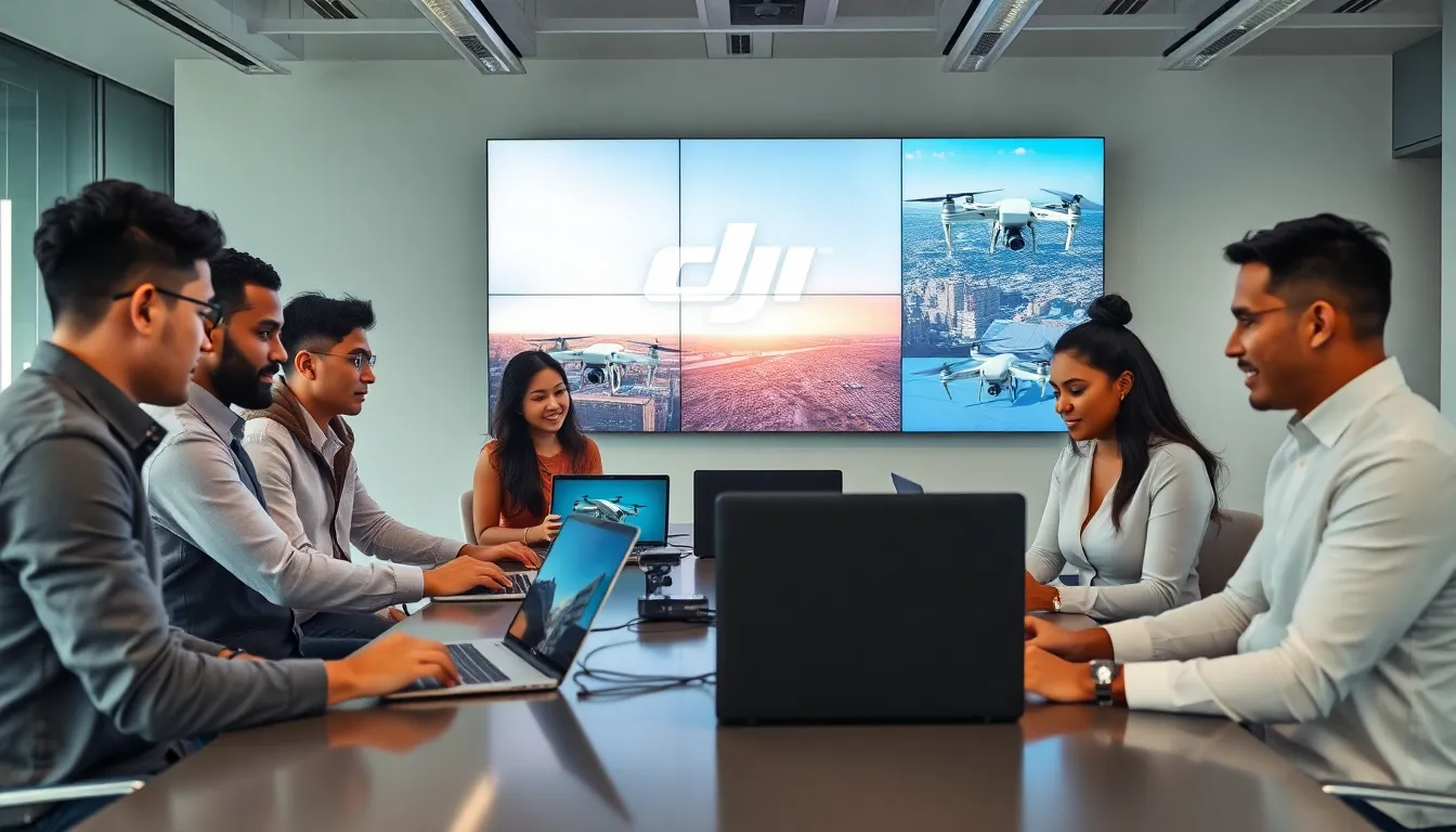 diverse team collaborating around DJI commercial drones in a modern office.