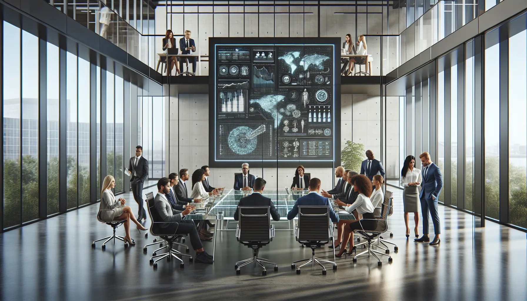 diverse professionals discussing technology in a modern office.