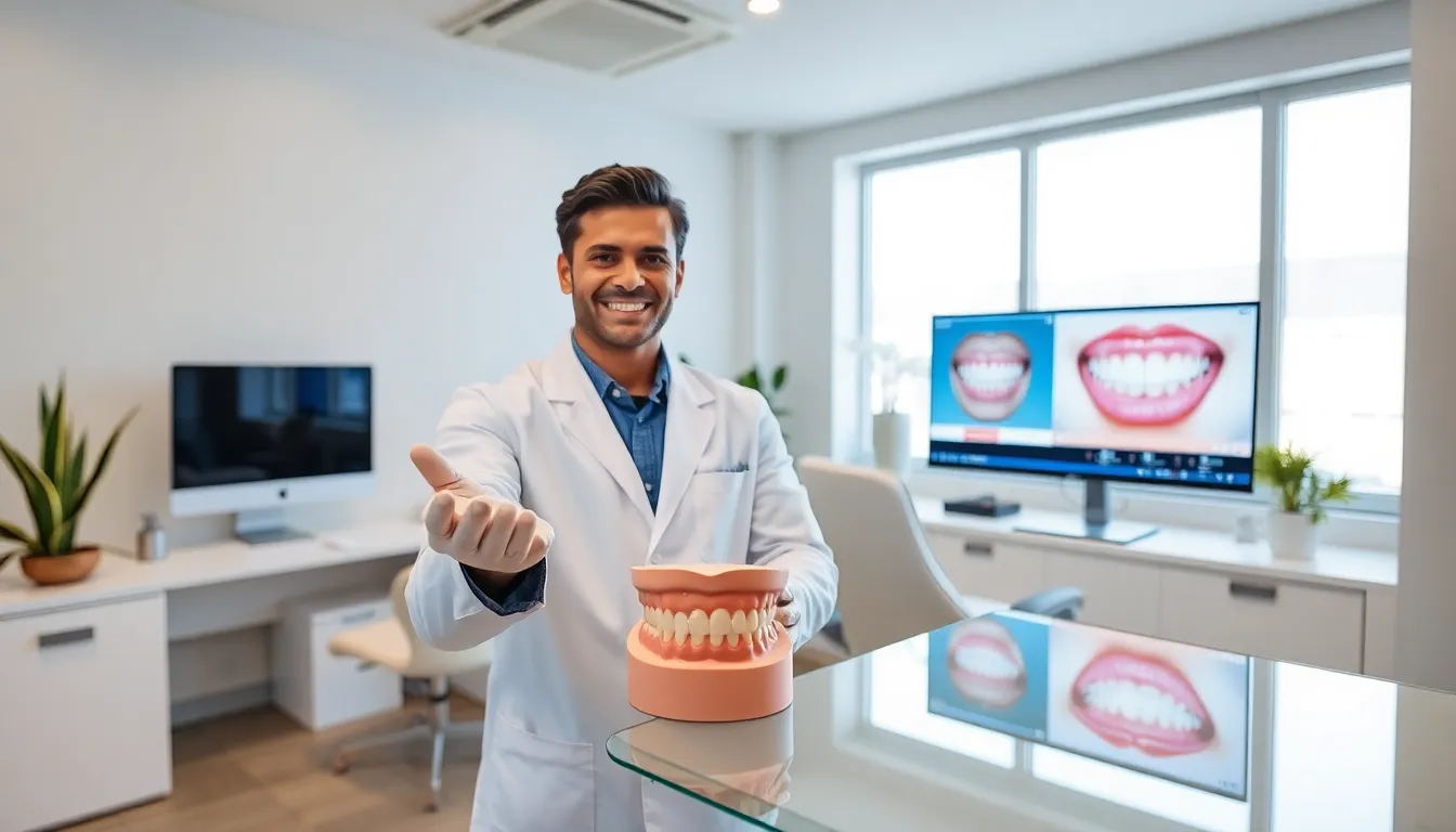 Dentist showing a dental veneer in a modern Australian clinic.