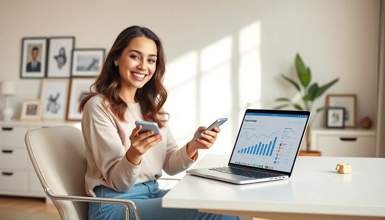 young influencer in a modern home office engaging with her audience.