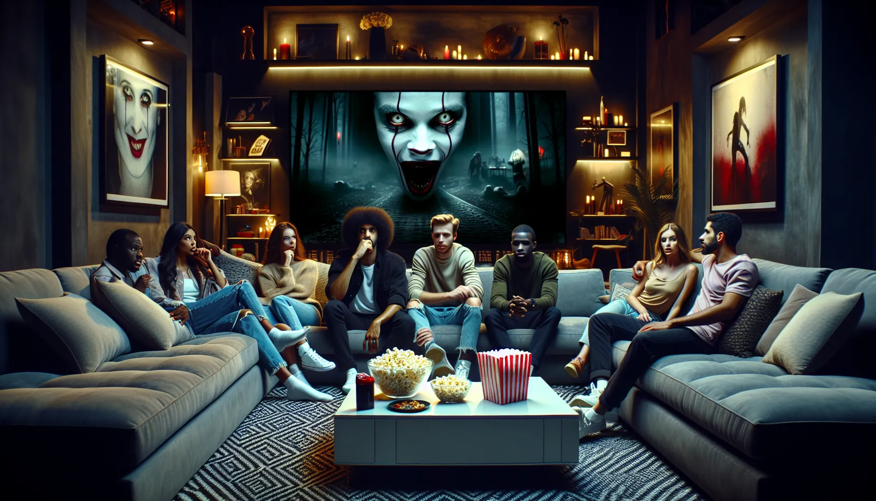 friends in a cozy room watching a horror movie together.