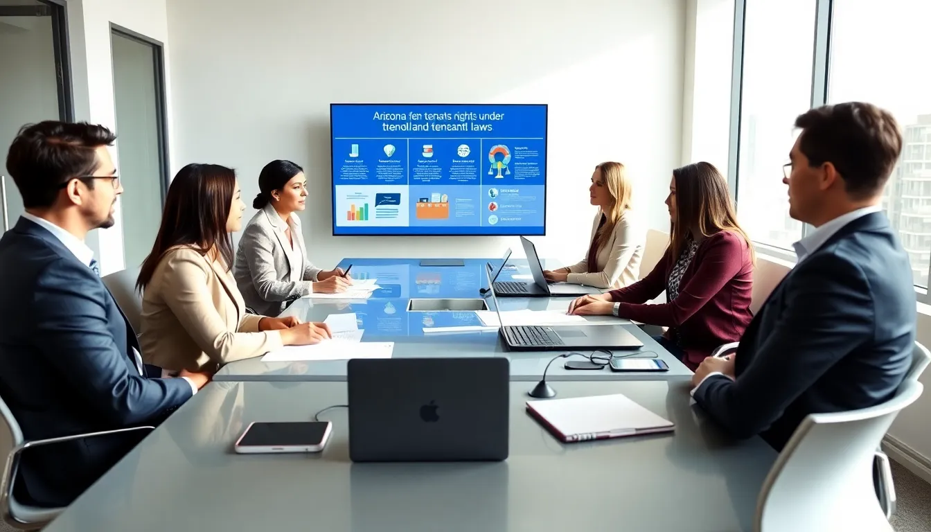 diverse group of tenants discussing rental rights in a modern office.