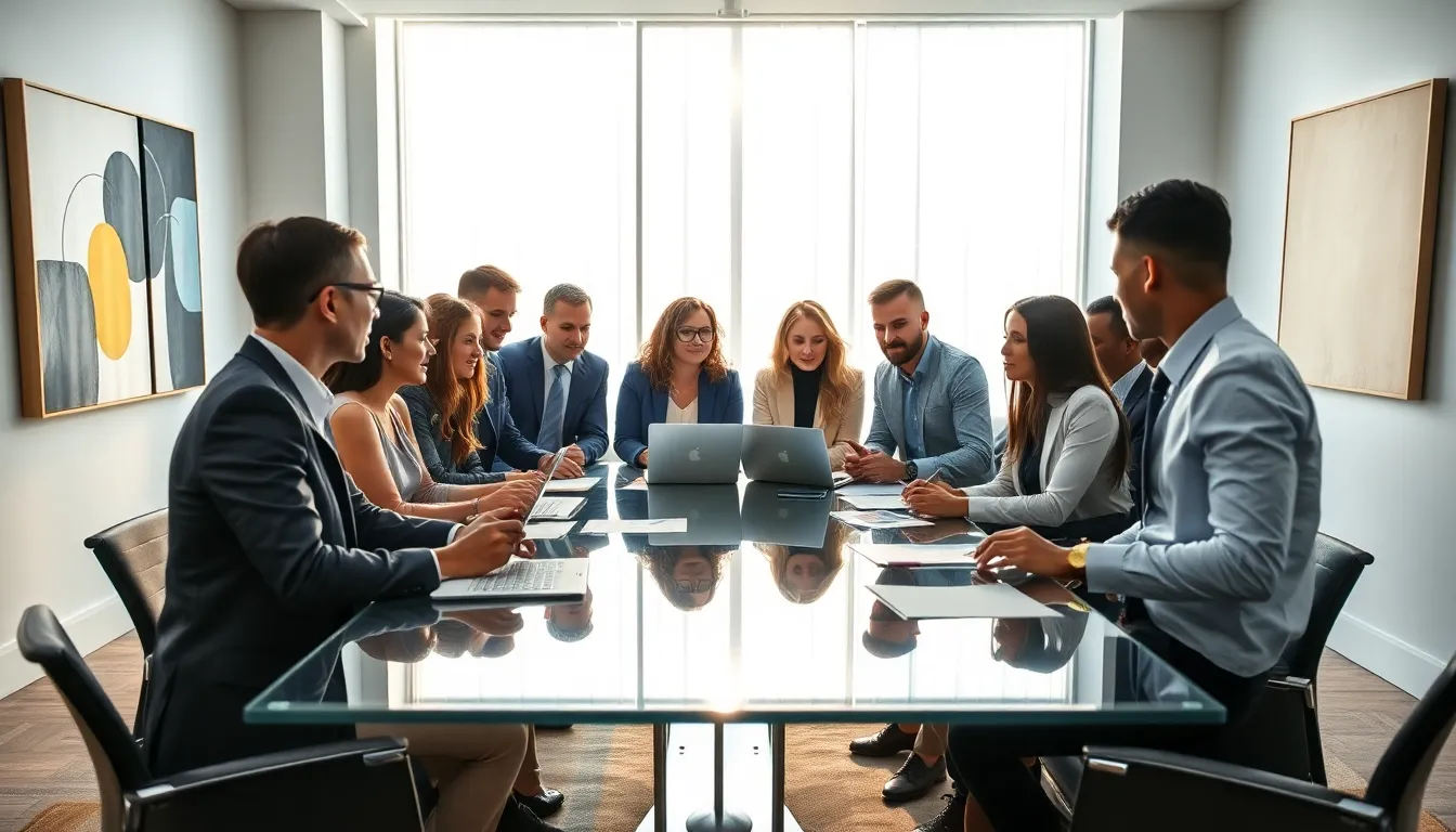 diverse team discussing ideas in a modern office setting.