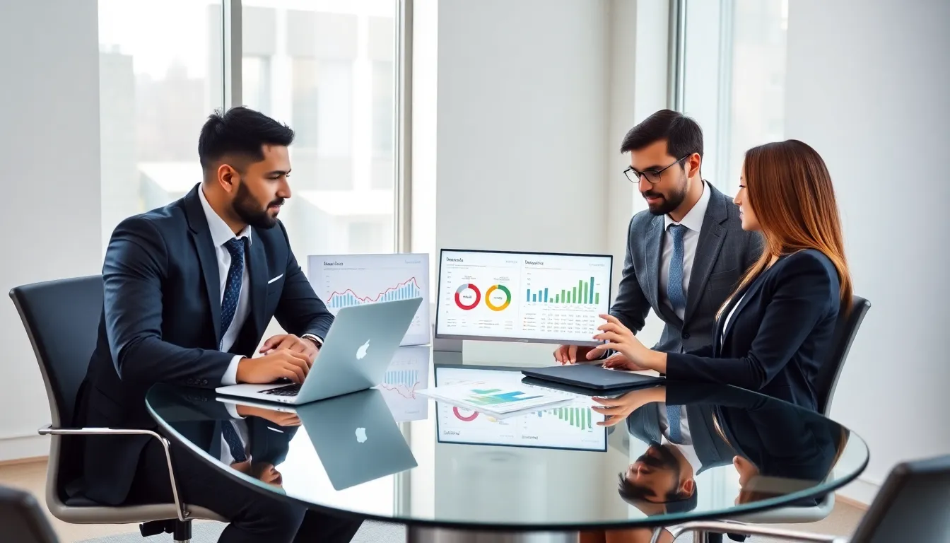 diverse finance professionals discussing credit scores in a modern office.