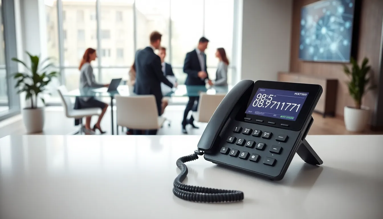 A modern office scene with a phone displaying 985.771.1717.