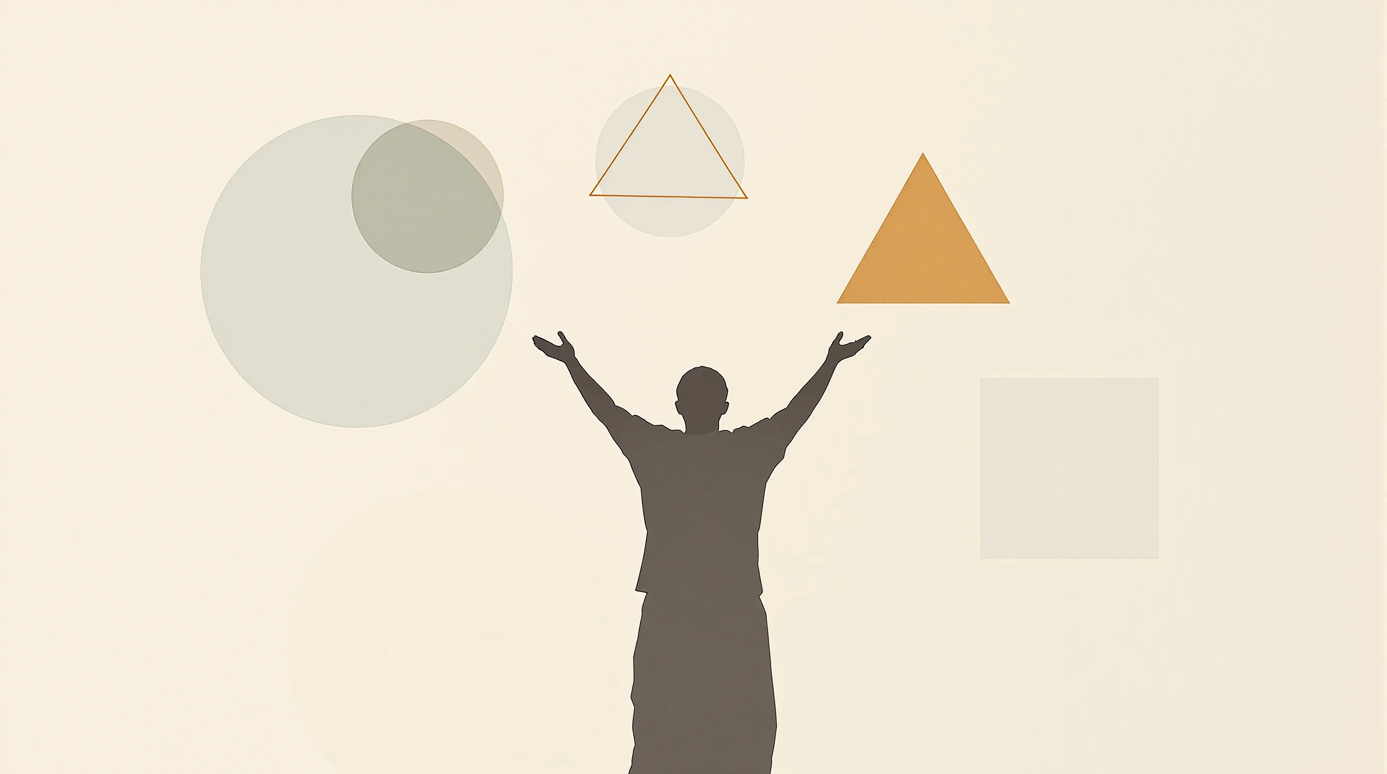 A lone silhouette with arms raised, surrounded by floating geometric shapes on neutral background.