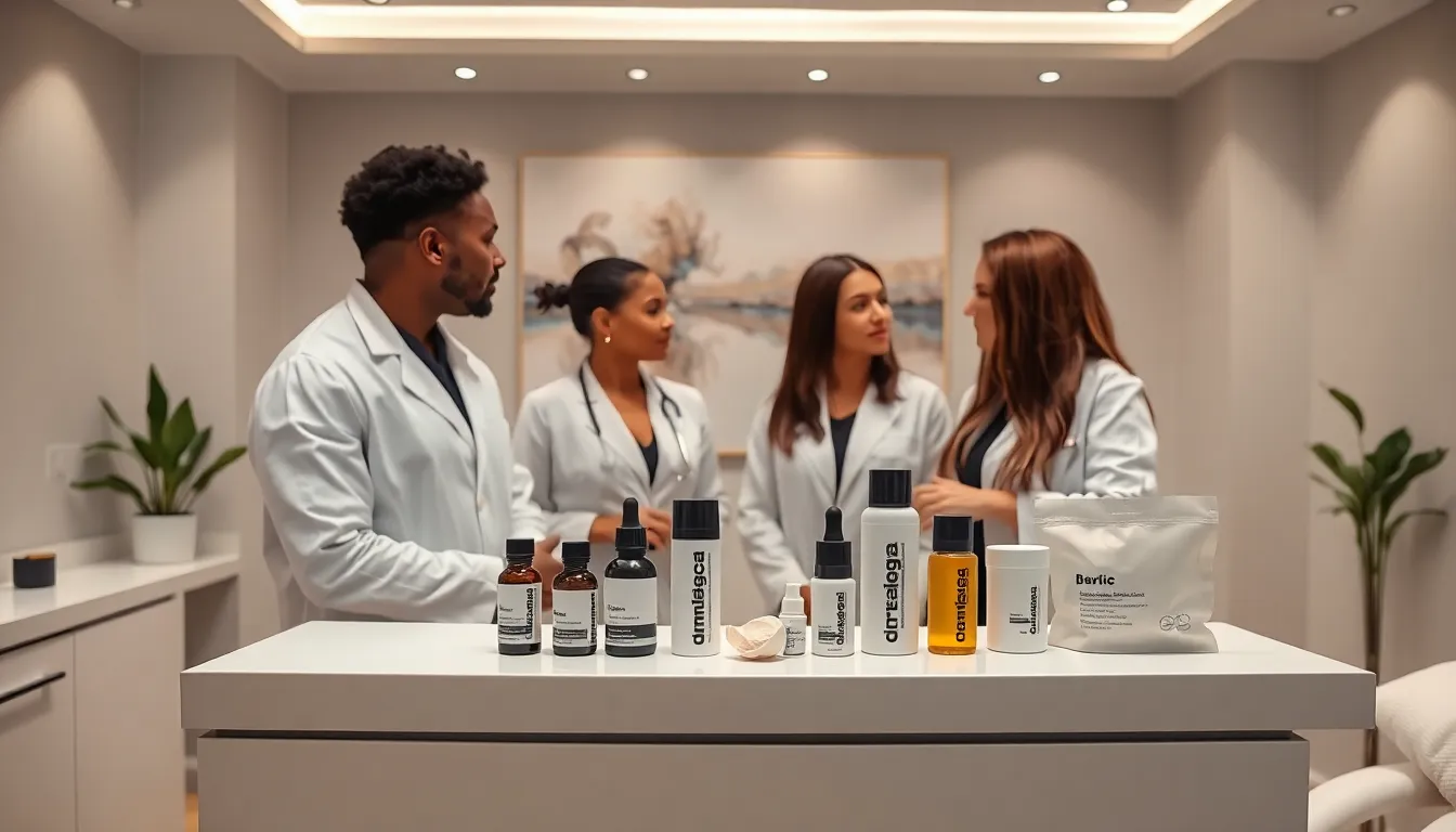 skincare professionals discussing treatments in a modern clinic.