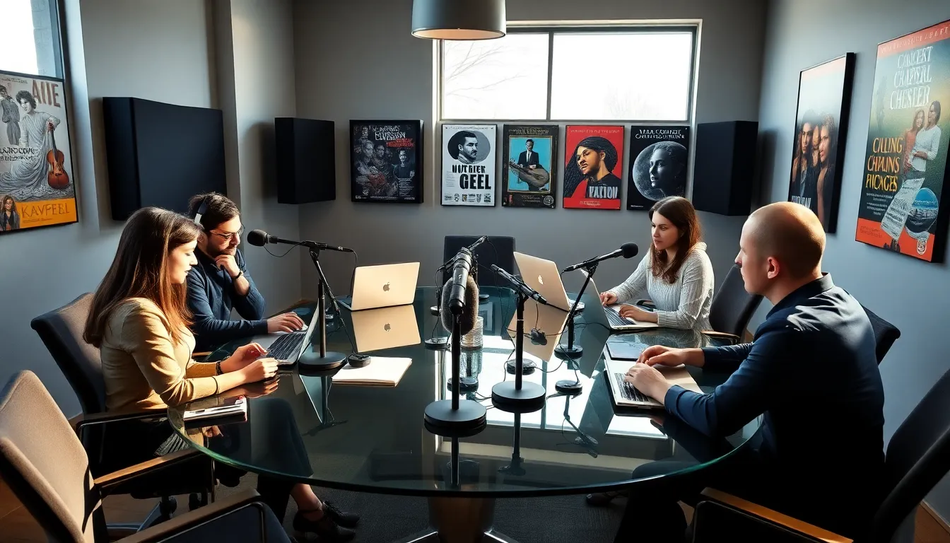 diverse team collaborating in a modern music production studio.
