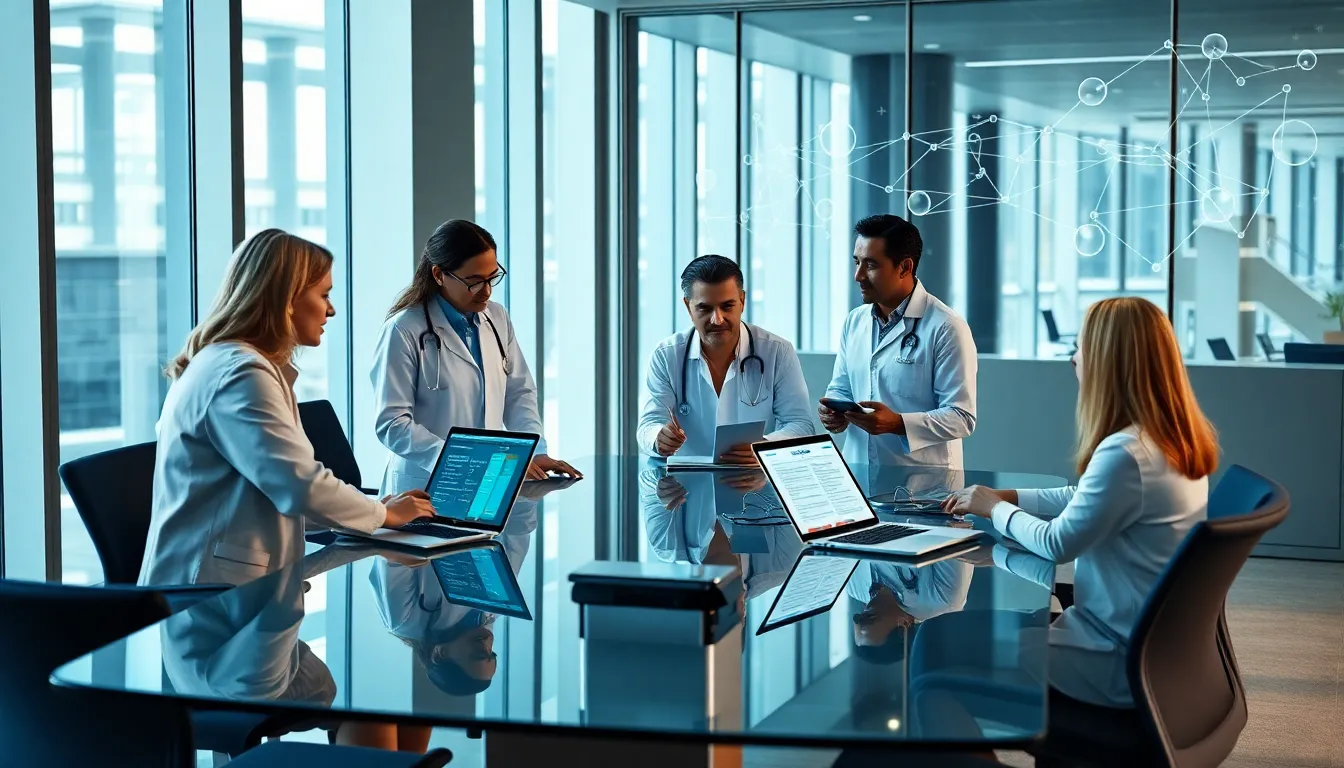 diverse team collaborating with eTMF software in a modern office.