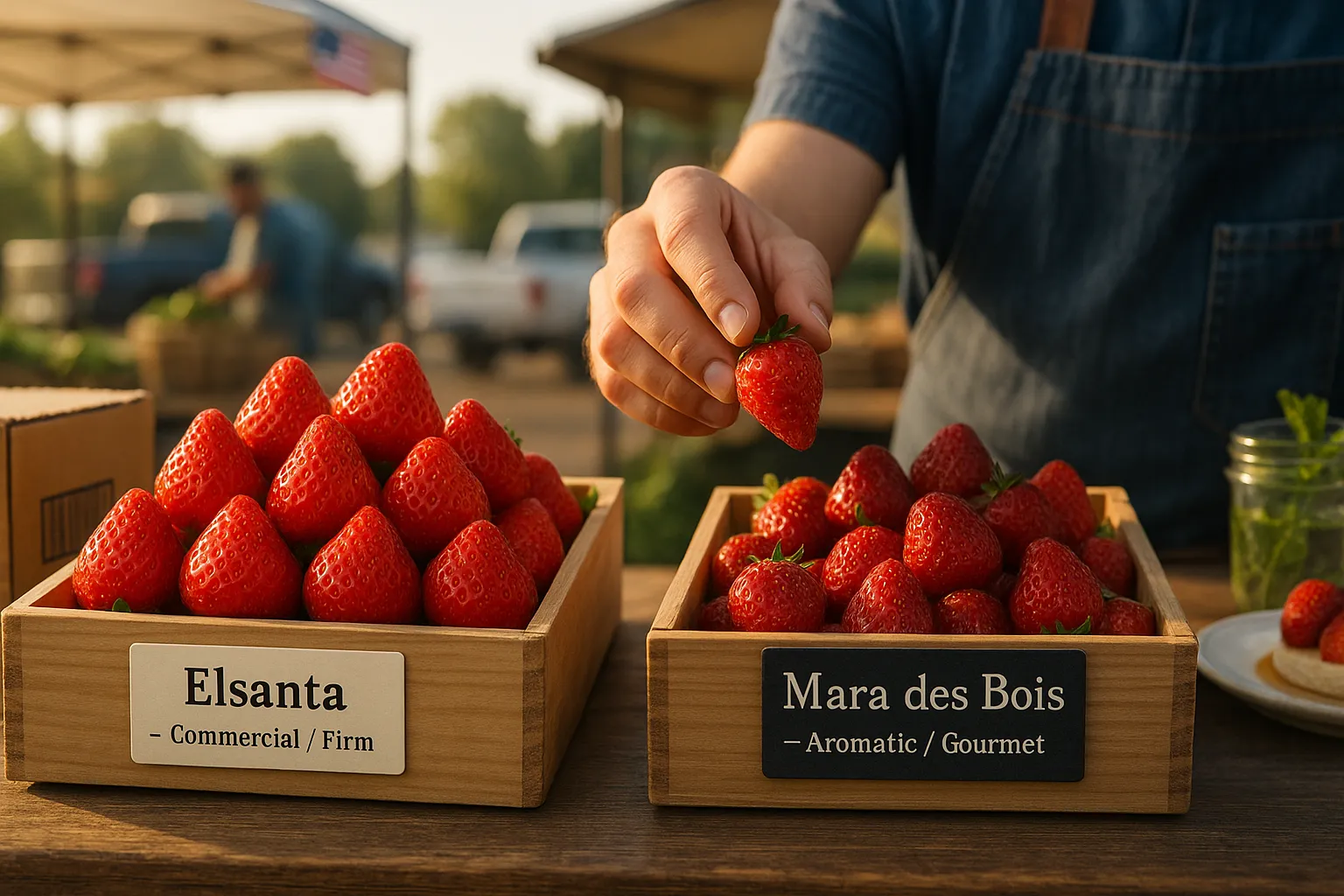 Two labeled crates comparing large Elsanta and small aromatic Mara des Bois strawberries.