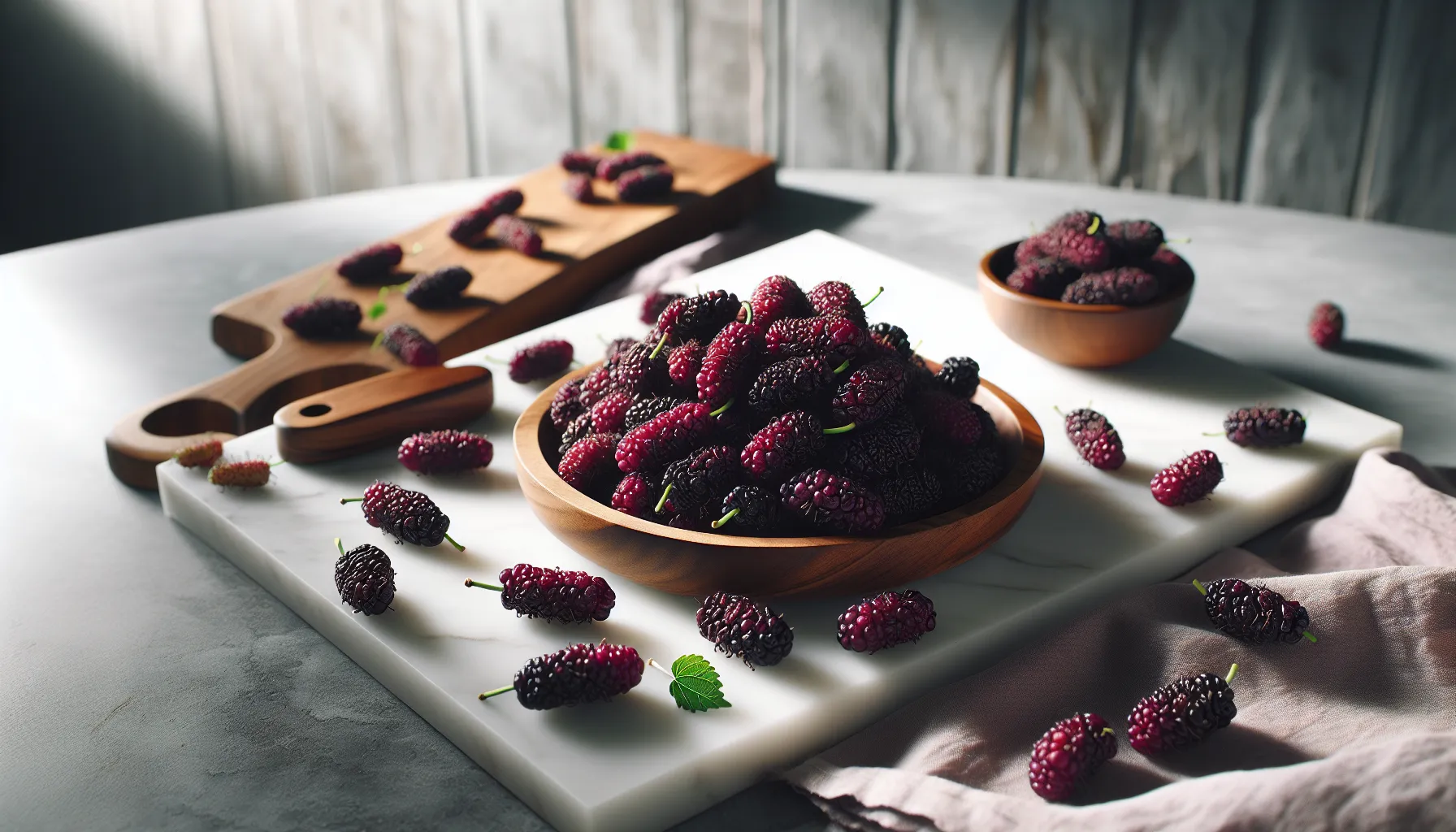 Fresh mulberries in a modern kitchen setting.