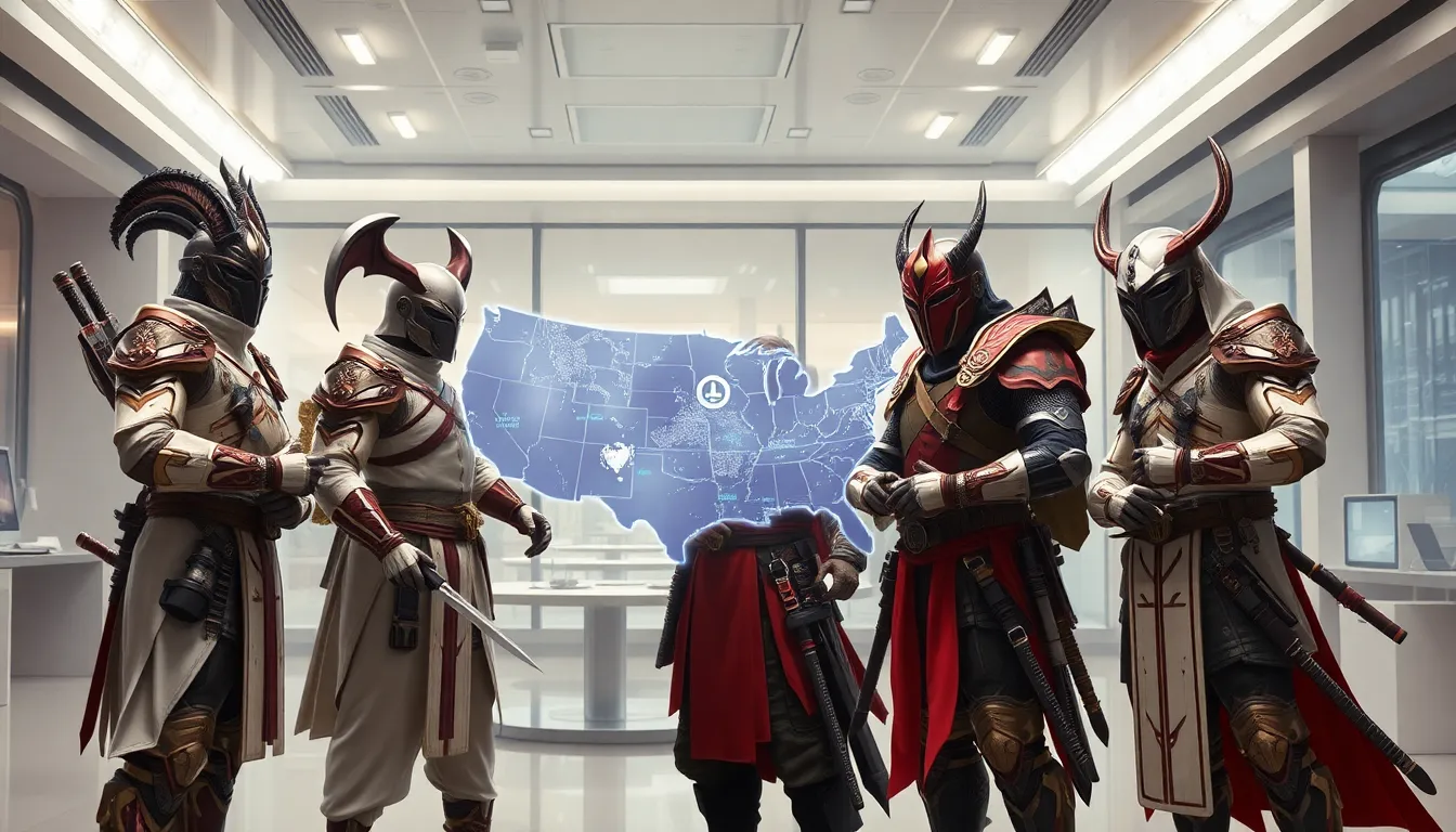 diverse team of Daemonhunters strategizing in a modern office setting.