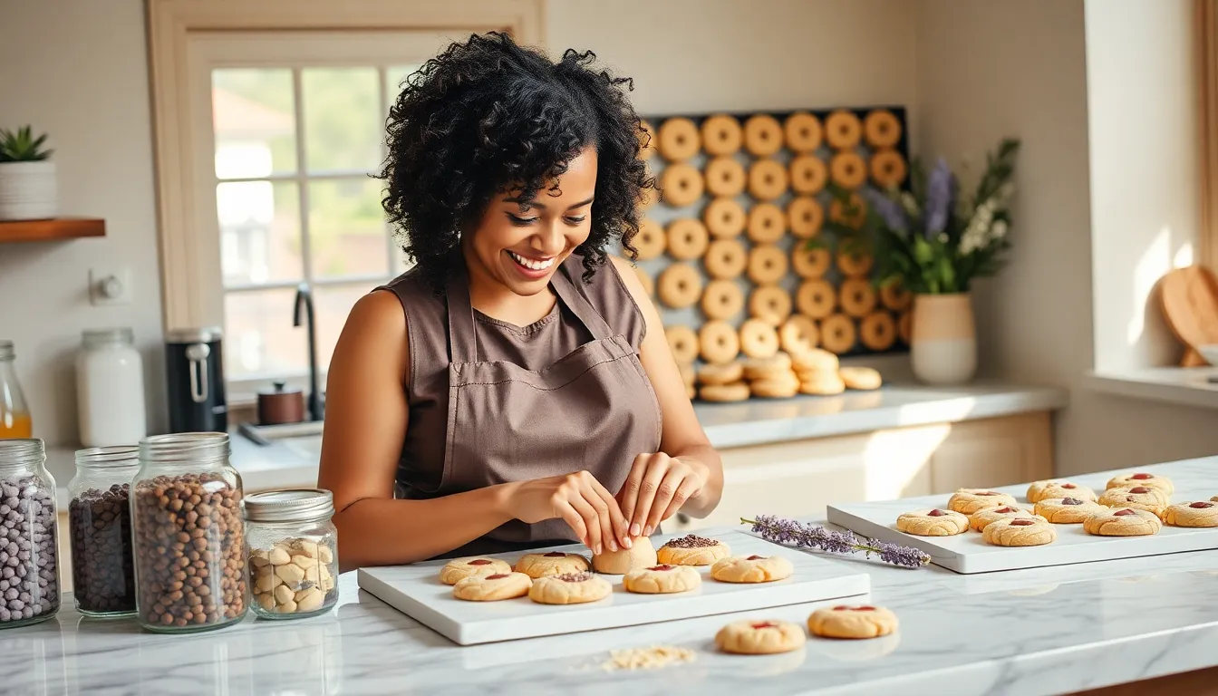 baker creating gourmet cookies in a cozy kitchen.