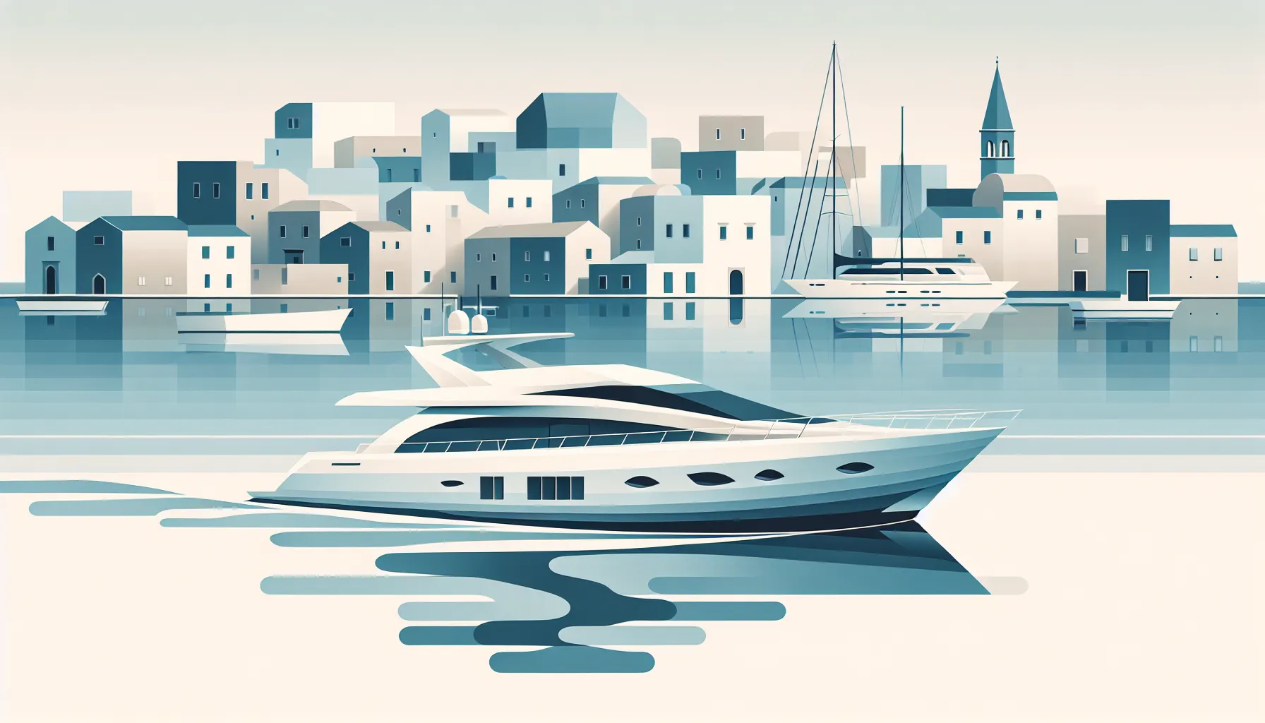 A white yacht in a simplified harbor with traditional buildings in background