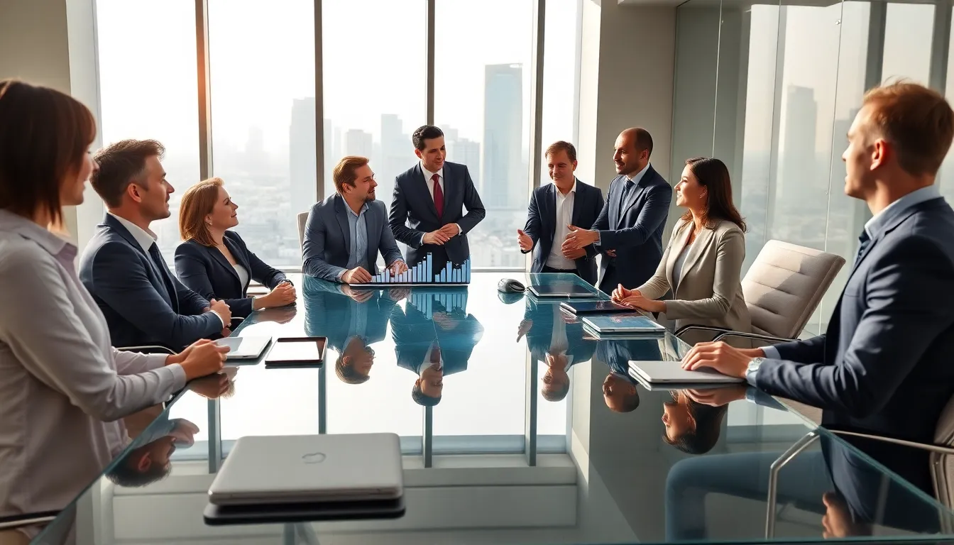 diverse professionals discussing technology in a modern office.