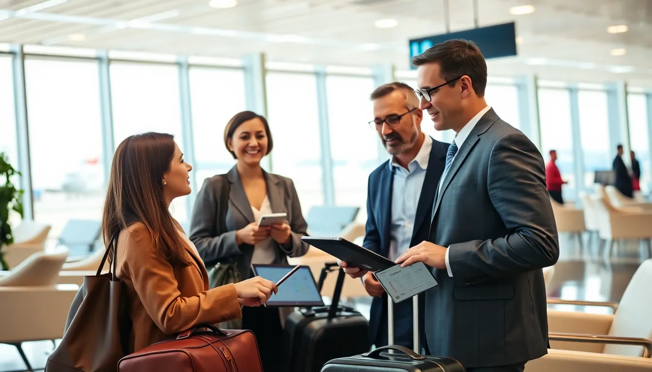 travelers discussing flight insurance in a modern airport lounge.