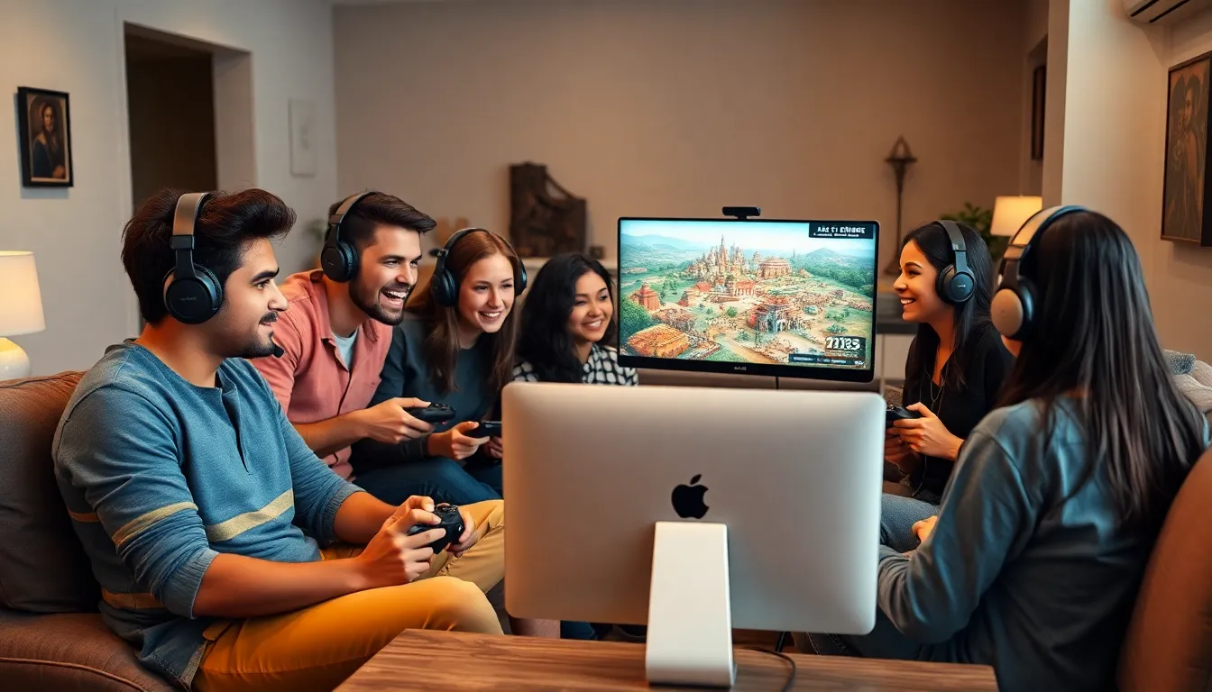 group playing Age Of Empires on a Mac in a modern living room.