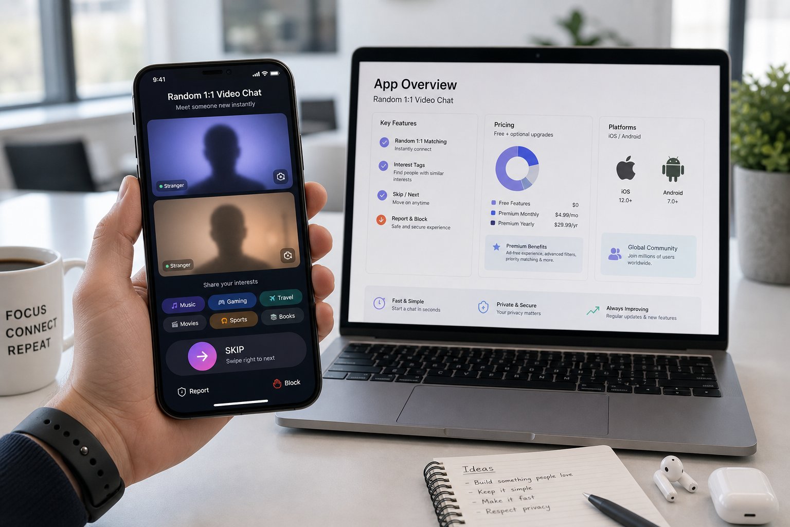 Smartphone showing random video chat app with swipe and report controls.