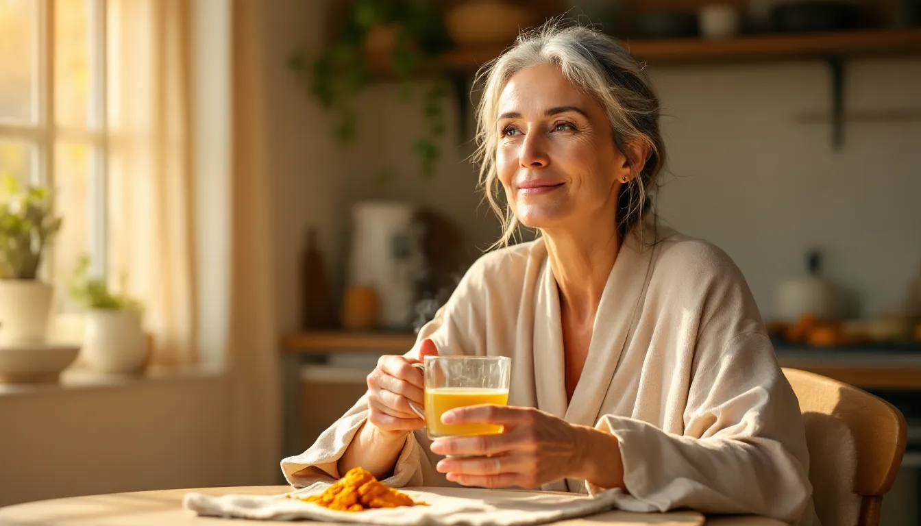Woman sipping warm water in a sunlit kitchen during a calm morning routine.