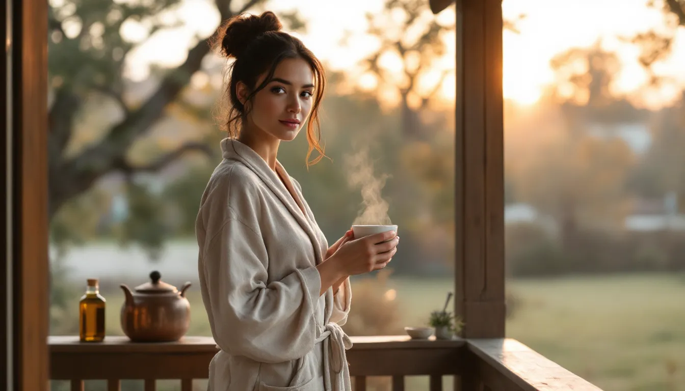 Woman standing on her porch at sunrise practicing a calm morning routine.