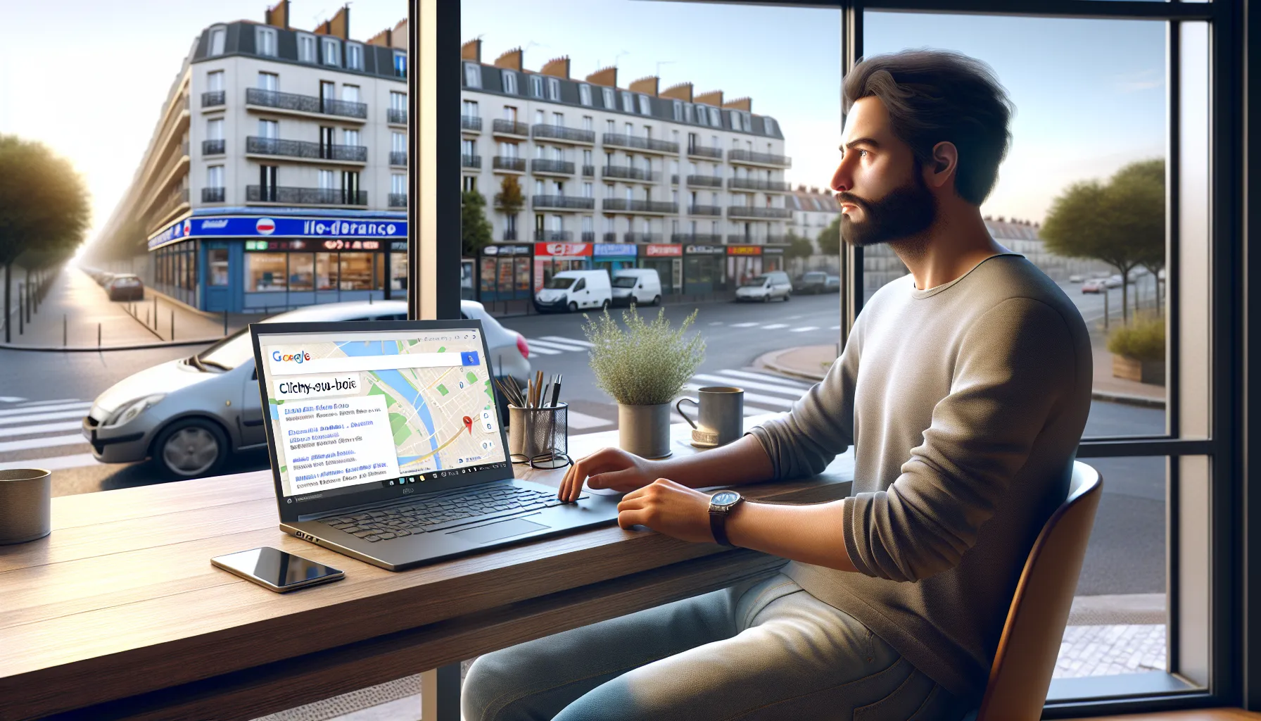 Local shop owner in Clichy-sous-Bois viewing Google search and Maps leads on laptop.