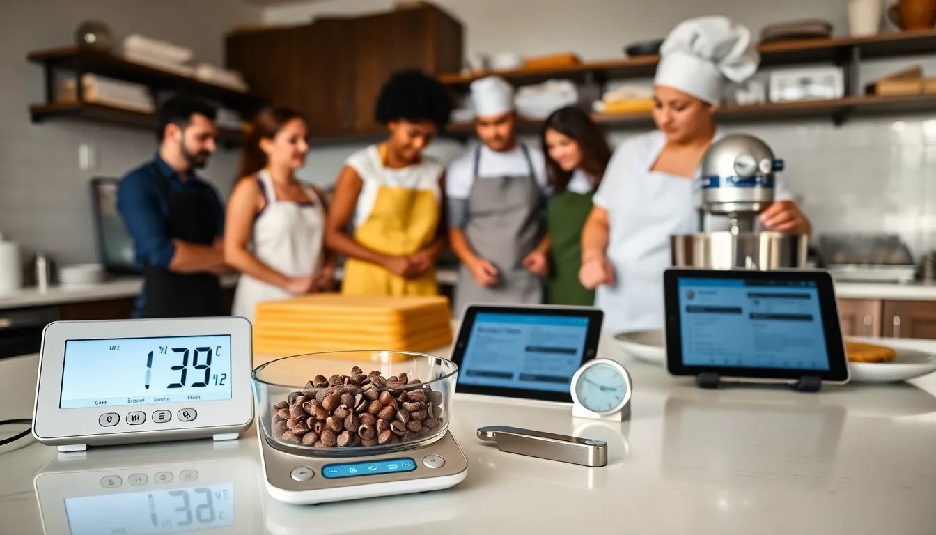 modern kitchen with tech tools for baking chocolate chip cookies