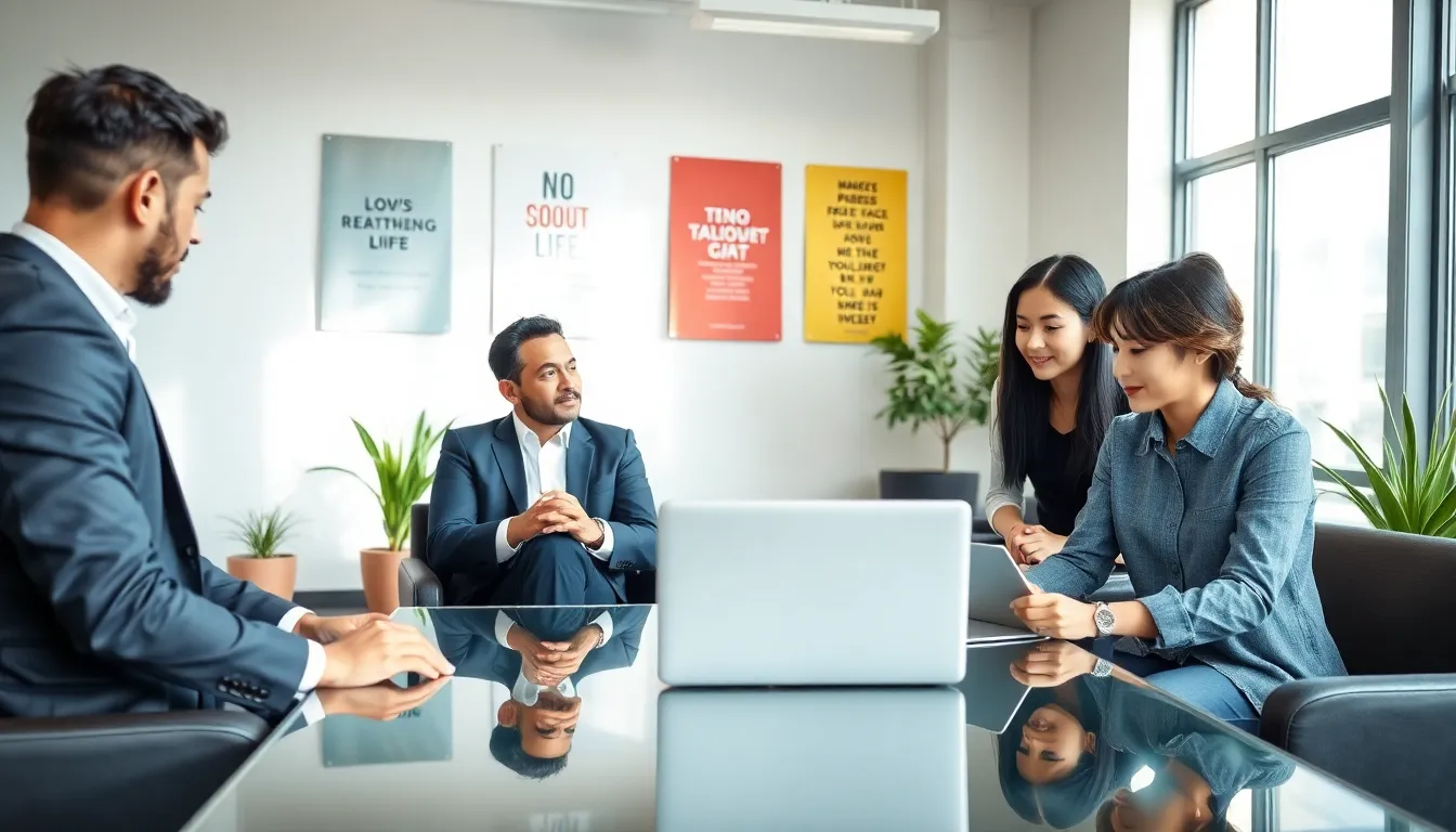 professionals discussing relationship challenges in a modern office.