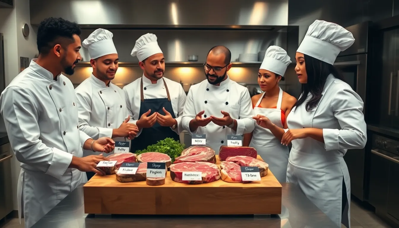 chefs discussing different cuts of steak in a professional kitchen.