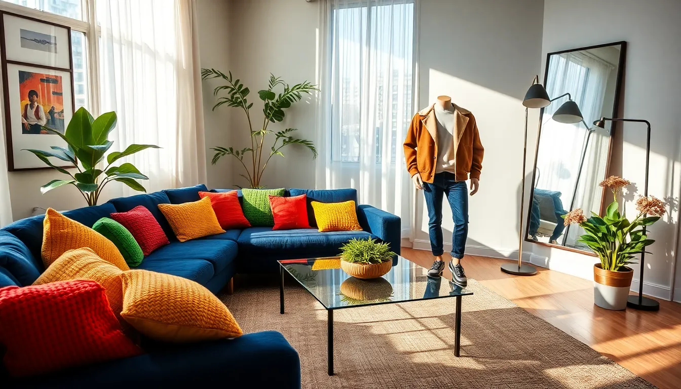 a modern living room with vibrant decor and a trendy outfit display.