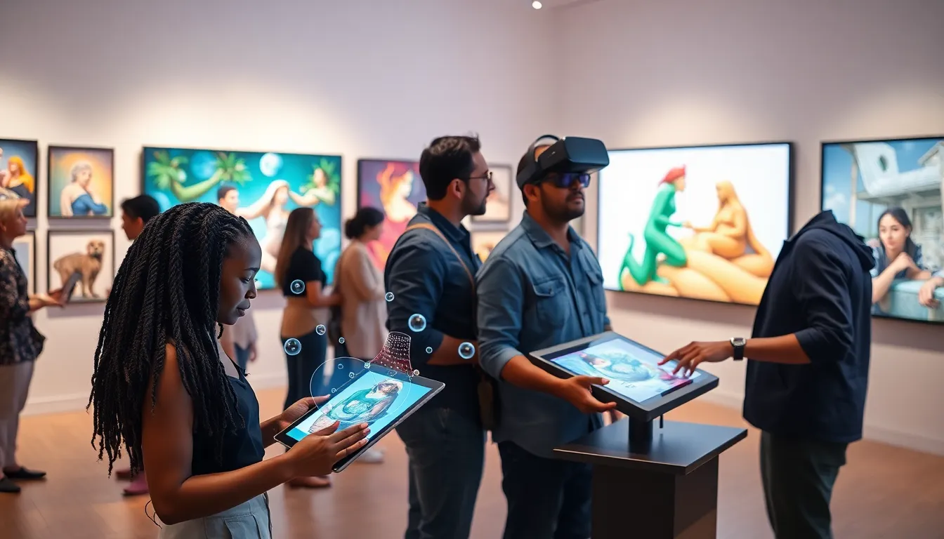 diverse artists showcasing digital art in a modern gallery.