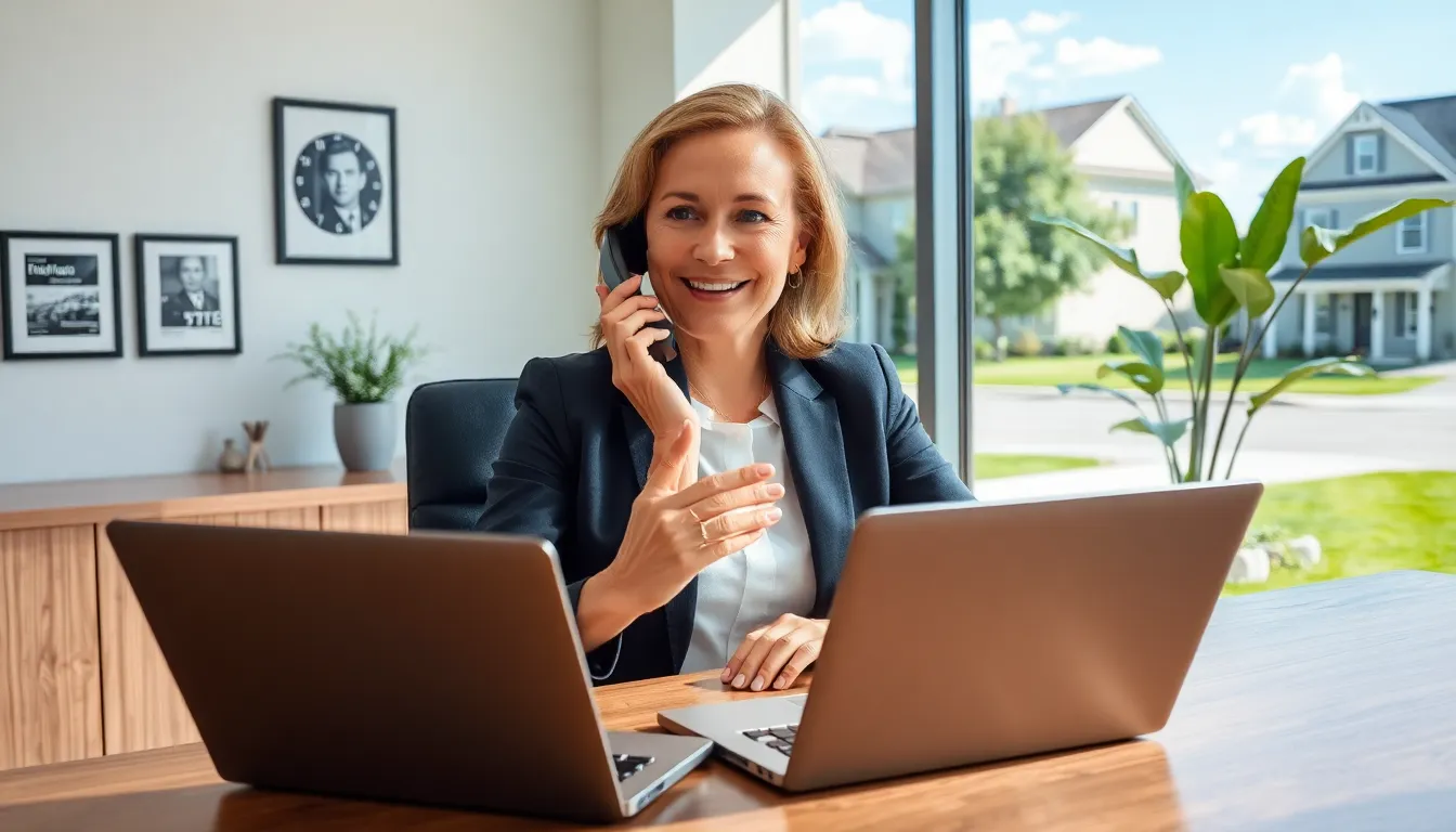 a real estate manager in an office talking on the phone