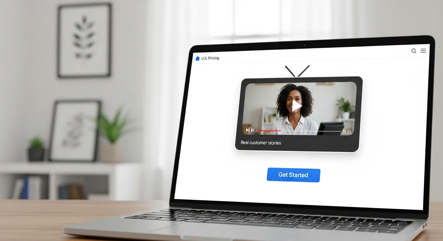 Laptop showing a website pricing page with a floating video testimonial widget.
