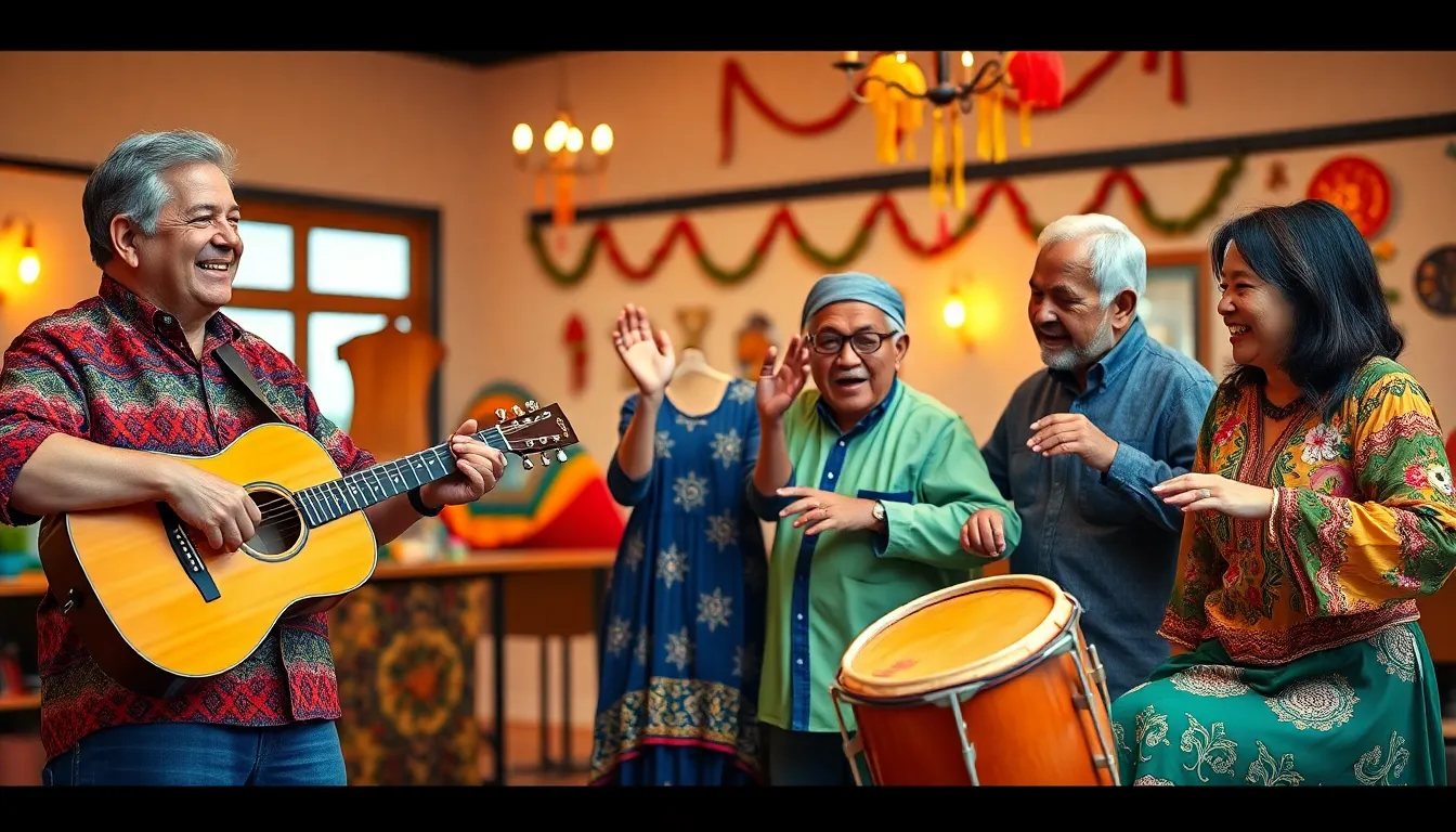 diverse group celebrating ψαταςικι with music and dance in a community center.